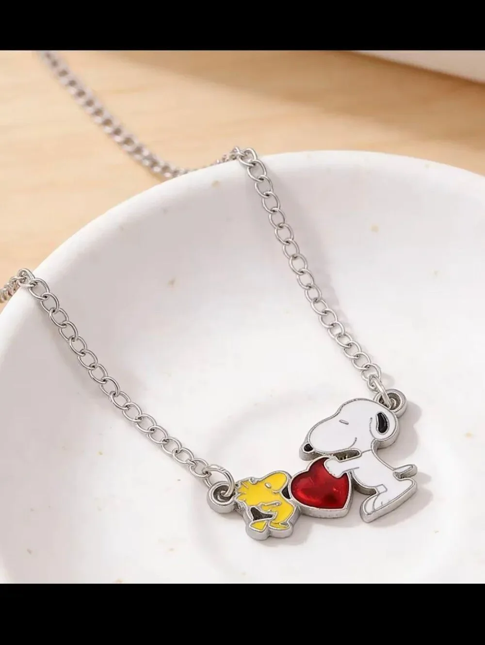 Silver Peanuts Snoopy & Woodstock Heart Necklace